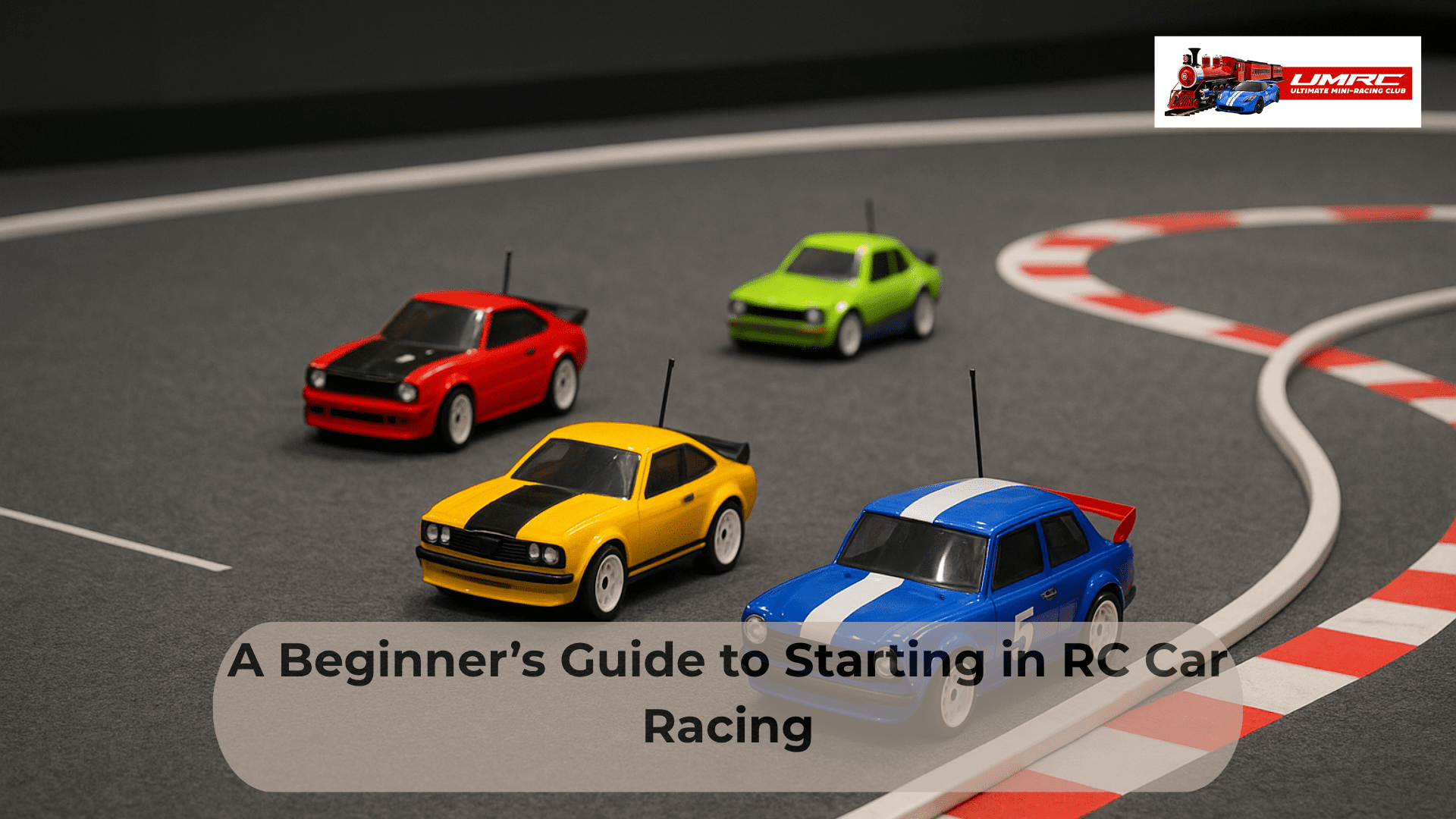 Four colorful mini RC cars, red, yellow, green, and blue, racing on a smooth indoor track, along with title